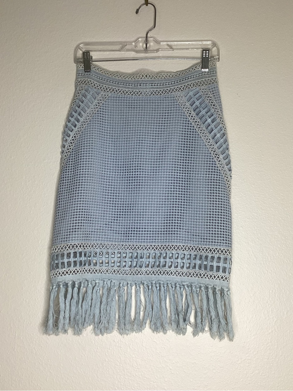 Jonathan Simkhai Light Blue Crochet Fringe Pencil Skirt Sm